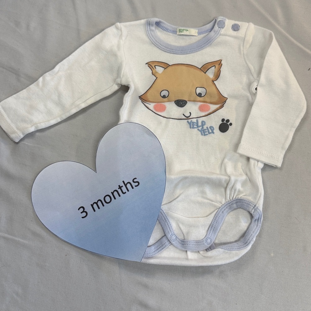 United Colors of Benetton - Adorable White and Blue Fox Baby Onesie